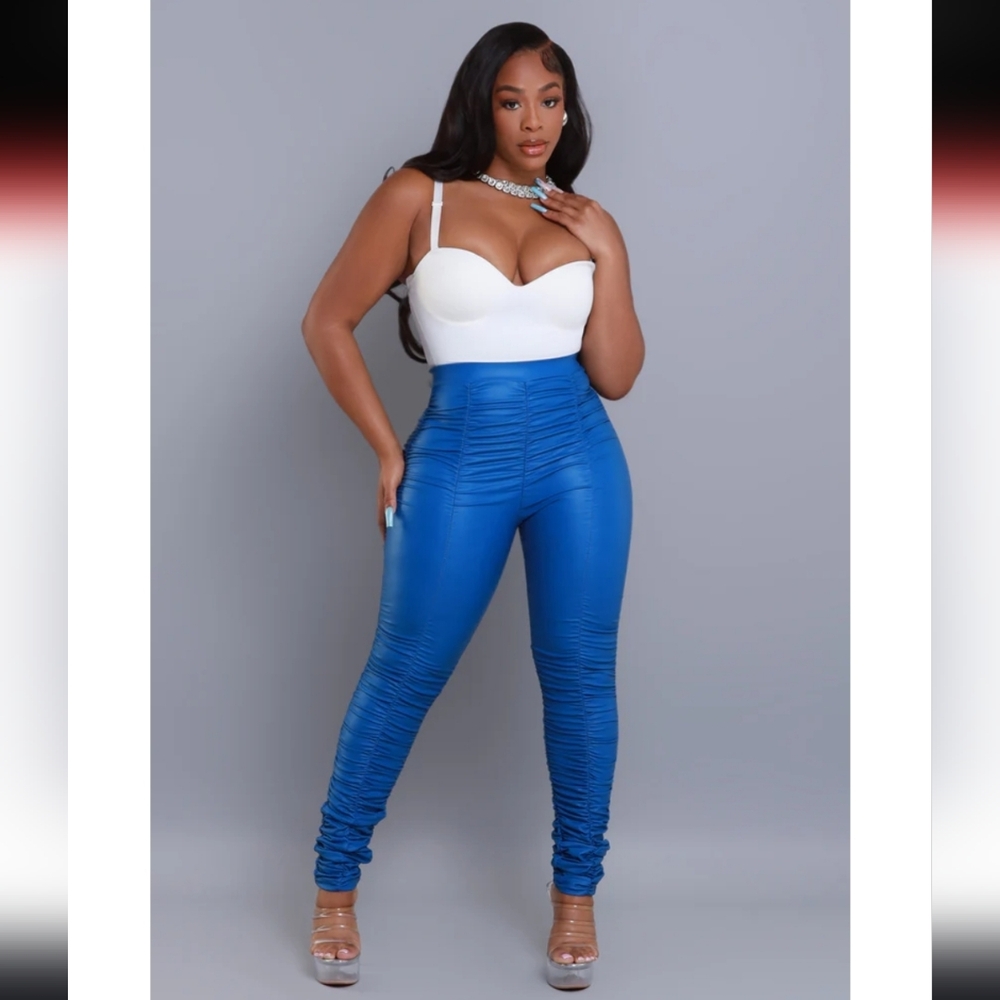 Be Honest Ruched High Waist Pants Royal Blue Faux Leather Leggings Swank A Posh